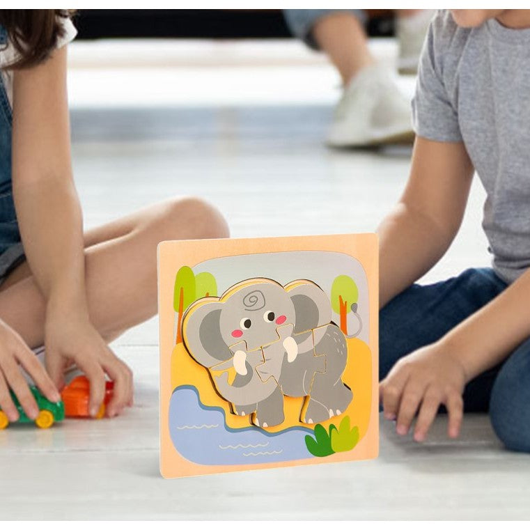 Puzzle Montessori din Lemn pentru Copii, Jucarie Educativa 3D, Model Elefant, Dezvoltare Motricitate, 4 Piese, 15x15x0.5 cm, Multicolor