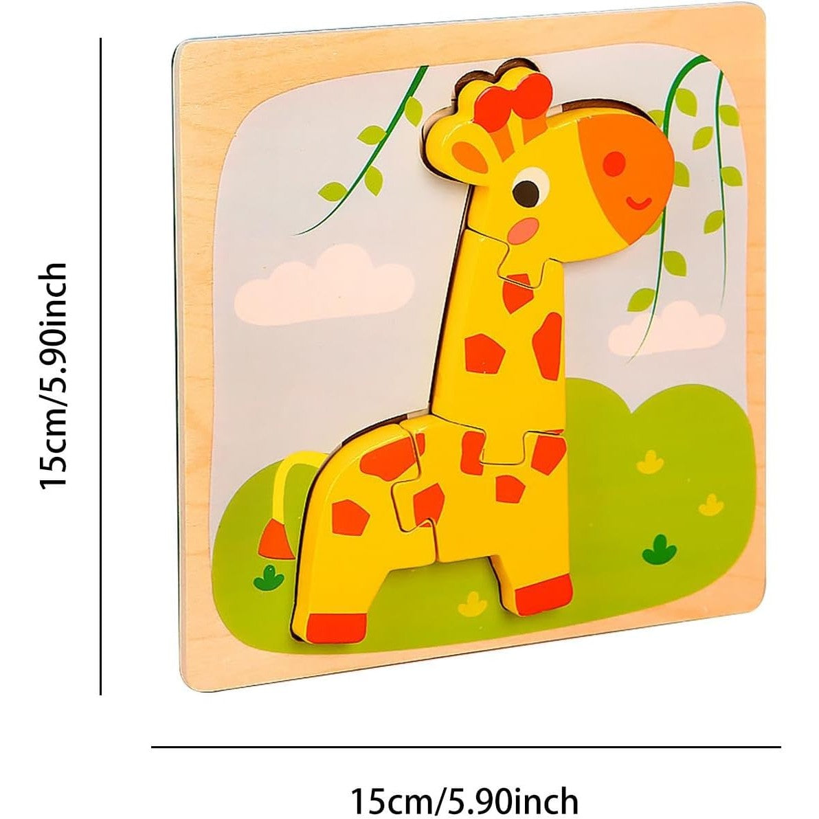Puzzle Montessori din Lemn pentru Copii, Joc Educativ 3D, Dezvoltare Motricitate, Model Girafa, 4 Piese, 15x15x0.5 cm, Multicolor
