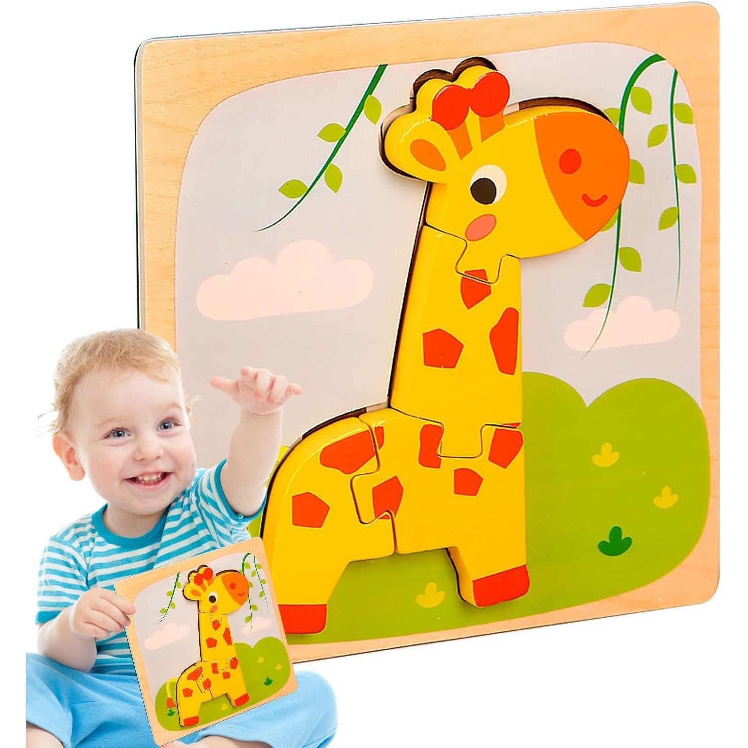 Puzzle Montessori din Lemn pentru Copii, Joc Educativ 3D, Dezvoltare Motricitate, Model Girafa, 4 Piese, 15x15x0.5 cm, Multicolor