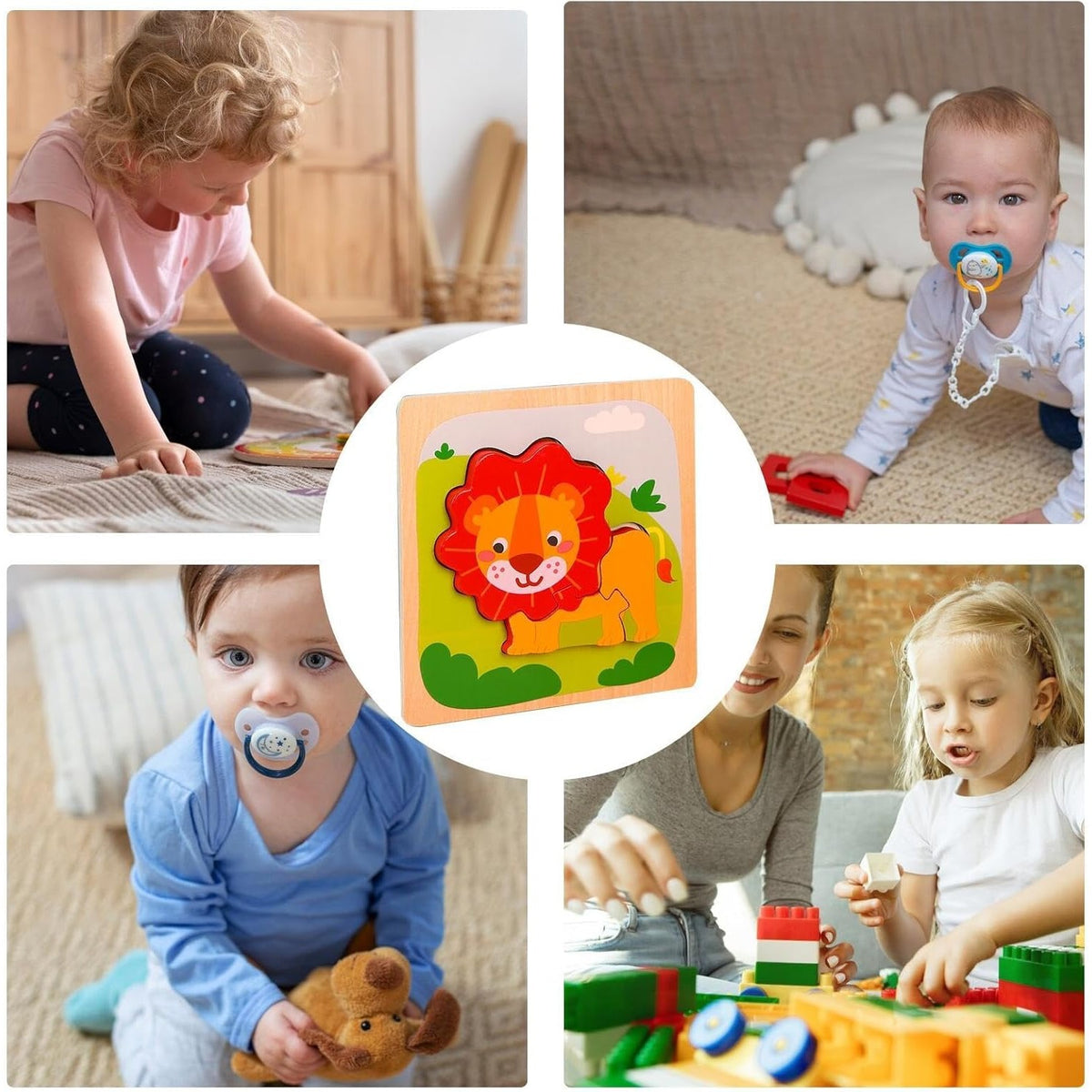 Puzzle Montessori din Lemn pentru Copii, Jucarie Educativa 3D, Model Leu, Dezvoltare Abilitati Motorii, 3 Piese, 15x15x0.5 cm, Multicolor
