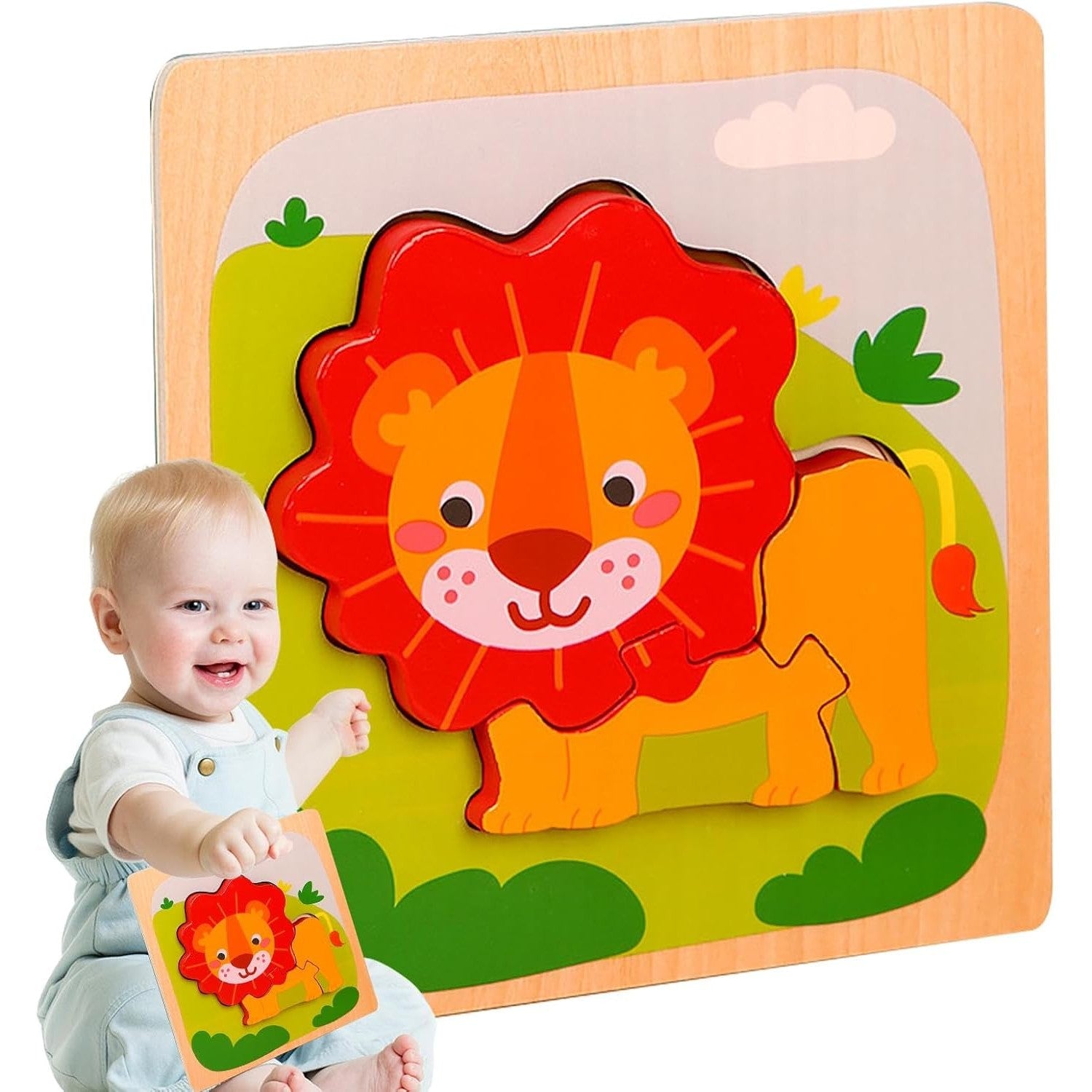 Puzzle Montessori din Lemn pentru Copii, Jucarie Educativa 3D, Model Leu, Dezvoltare Abilitati Motorii, 3 Piese, 15x15x0.5 cm, Multicolor