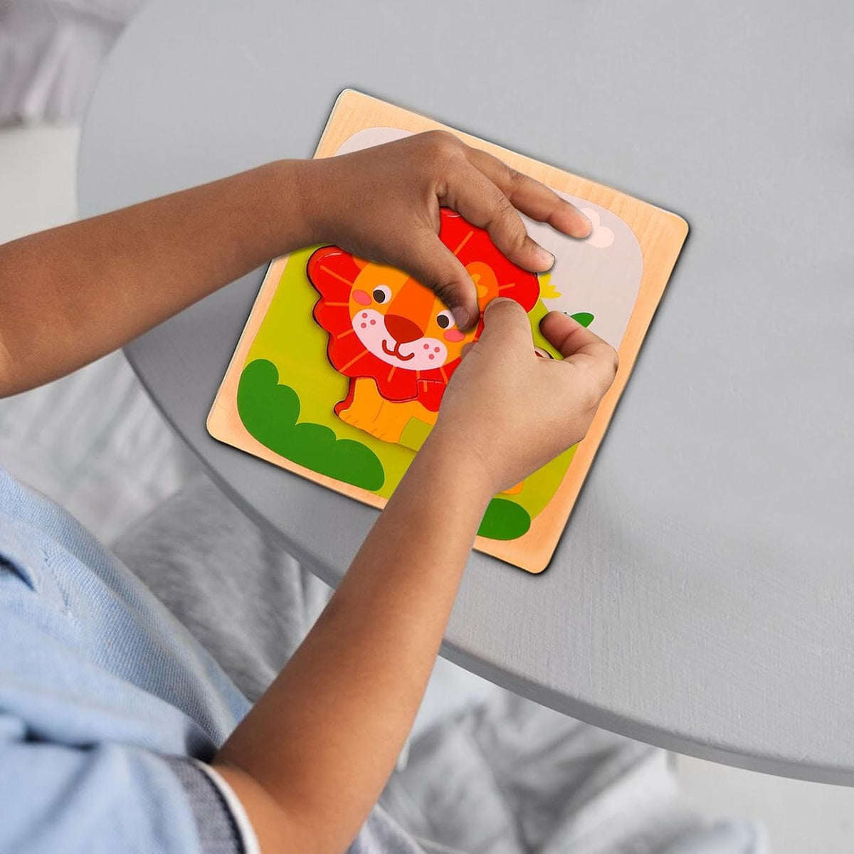 Puzzle Montessori din Lemn pentru Copii, Jucarie Educativa 3D, Model Leu, Dezvoltare Abilitati Motorii, 3 Piese, 15x15x0.5 cm, Multicolor