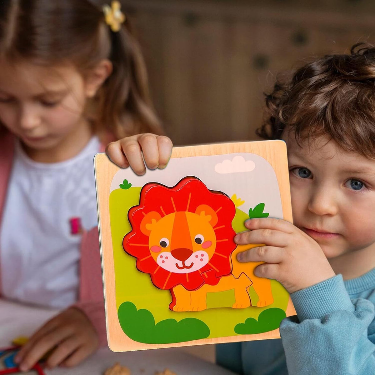 Puzzle Montessori din Lemn pentru Copii, Jucarie Educativa 3D, Model Leu, Dezvoltare Abilitati Motorii, 3 Piese, 15x15x0.5 cm, Multicolor