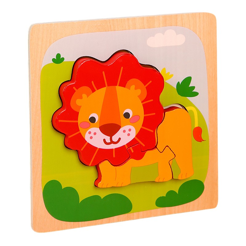 Puzzle Montessori din Lemn pentru Copii, Jucarie Educativa 3D, Model Leu, Dezvoltare Abilitati Motorii, 3 Piese, 15x15x0.5 cm, Multicolor
