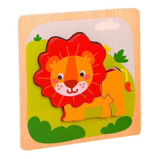 Puzzle Montessori din Lemn pentru Copii, Jucarie Educativa 3D, Model Leu, Dezvoltare Abilitati Motorii, 3 Piese, 15x15x0.5 cm, Multicolor