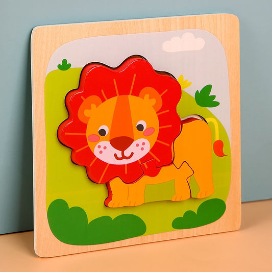 Puzzle Montessori din Lemn pentru Copii, Jucarie Educativa 3D, Model Leu, Dezvoltare Abilitati Motorii, 3 Piese, 15x15x0.5 cm, Multicolor