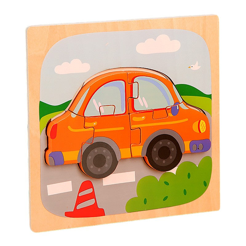 Puzzle Montessori din Lemn pentru Copii, Jucarie Educativa 3D, Model Masina, Dezvoltare Motricitate si Gandire Logica, 5 Piese, 15x15x0.5 cm, Multicolor
