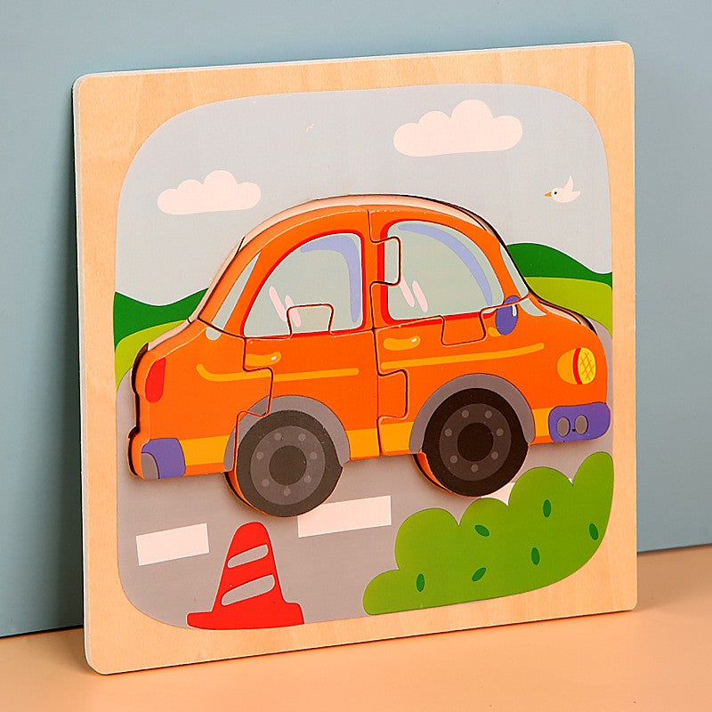 Puzzle Montessori din Lemn pentru Copii, Jucarie Educativa 3D, Model Masina, Dezvoltare Motricitate si Gandire Logica, 5 Piese, 15x15x0.5 cm, Multicolor