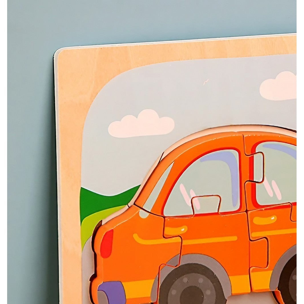 Puzzle Montessori din Lemn pentru Copii, Jucarie Educativa 3D, Model Masina, Dezvoltare Motricitate si Gandire Logica, 5 Piese, 15x15x0.5 cm, Multicolor