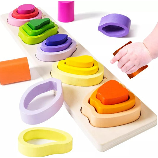 Jucarie Montessori din Lemn, Puzzle Educativ cu 5 Forme Asimetrice si 15 Piese, Joc de Sortare pentru Abilitati Motorii Fine, Material Non-Toxic, 29x6.5 cm, +2 Ani, Multicolor