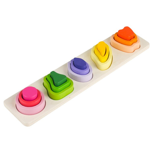 Jucarie Montessori din Lemn, Puzzle Educativ cu 5 Forme Asimetrice si 15 Piese, Joc de Sortare pentru Abilitati Motorii Fine, Material Non-Toxic, 29x6.5 cm, +2 Ani, Multicolor