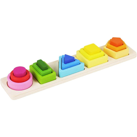 Jucarie Montessori Tip Puzzle, Forme Geometrice Asimetrice, Lemn Natural Non-Toxic, 15 Piese, 29x6.5 cm, +2 Ani, Multicolor