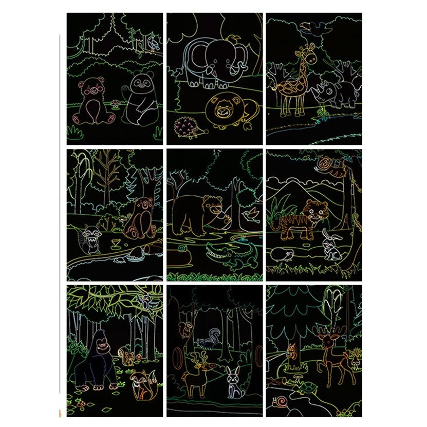 Set 9 Planse Razuibile Scratch ArtCards, Activitate Creativa 2 in 1 de Razuit si Colorat, Carton si Lemn, Model Zoo, 19 x 14 cm, Multicolor, +3 Ani