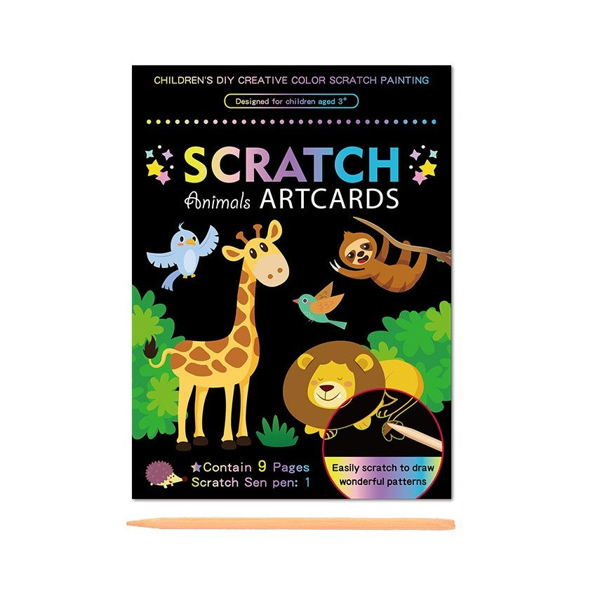 Set 9 Planse Razuibile Scratch ArtCards, Activitate Creativa 2 in 1 de Razuit si Colorat, Carton si Lemn, Model Zoo, 19 x 14 cm, Multicolor, +3 Ani