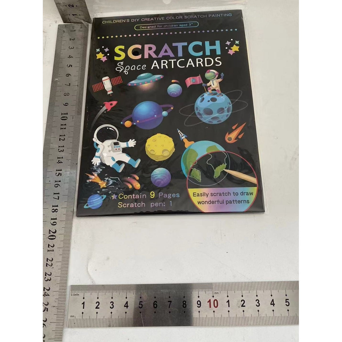 Set 9 Planse Razuibile Scratch ArtCards, Planse de Razuit si de Colorat 2 in 1, Carton si Lemn, Model Spatiu Cosmic, 19 x 14 cm, Multicolor, +3 Ani