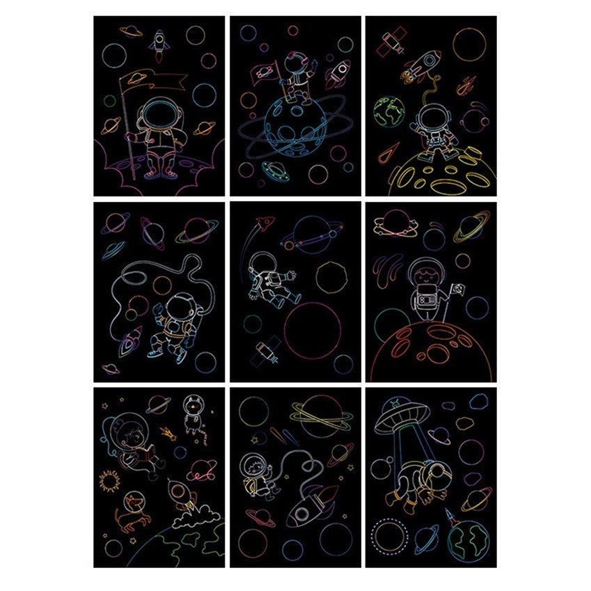 Set 9 Planse Razuibile Scratch ArtCards, Planse de Razuit si de Colorat 2 in 1, Carton si Lemn, Model Spatiu Cosmic, 19 x 14 cm, Multicolor, +3 Ani