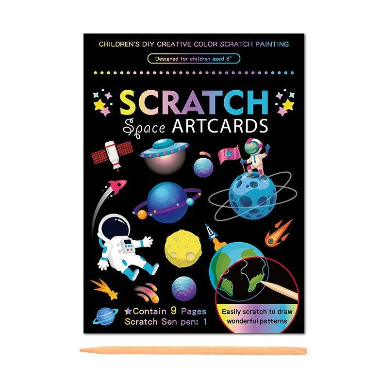Set 9 Planse Razuibile Scratch ArtCards, Planse de Razuit si de Colorat 2 in 1, Carton si Lemn, Model Spatiu Cosmic, 19 x 14 cm, Multicolor, +3 Ani