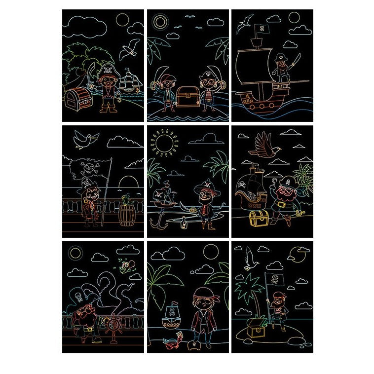 Set 9 Planse Razuibile Scratch ArtCards, Planse de Razuit si de Colorat, Activitate Creativa 2 in 1 pentru Copii, Hartie si Carton, 19 x 14 cm, Model Pirati, Multicolor, 3 Ani+