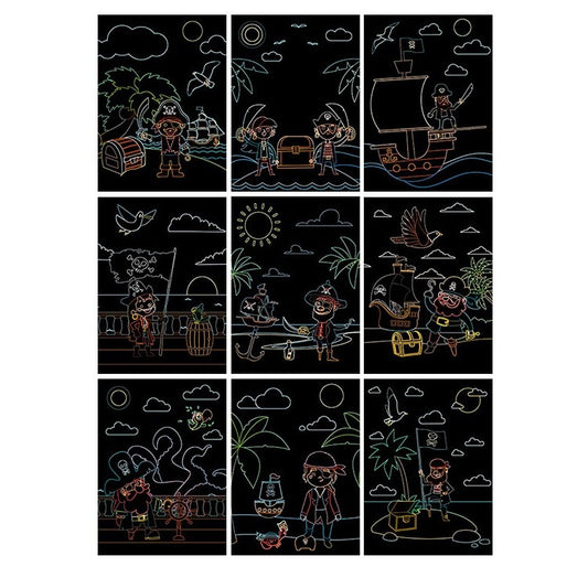 Set 9 Planse Razuibile Scratch ArtCards, Planse de Razuit si de Colorat, Activitate Creativa 2 in 1 pentru Copii, Hartie si Carton, 19 x 14 cm, Model Pirati, Multicolor, 3 Ani+
