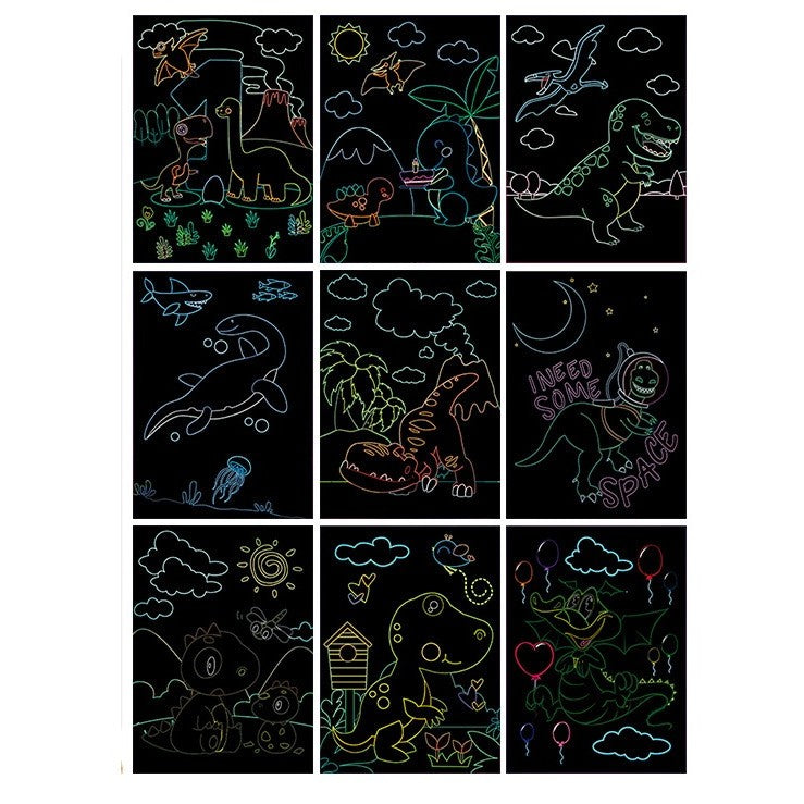 Set 9 Planse Razuibile Scratch ArtCards, Planse de Răsuit si de Colorat 2 in 1, Activitate Creativa Copii 3 Ani+, Hartie, Model Dinozauri, 19 x 14 cm, Multicolor