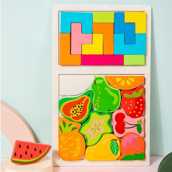 Puzzle Montessori din Lemn pentru Copii, Joc Tip Tetris 2 in 1 cu Fructe 3D, Educativ si Interactiv, Lemn Ecologic, 21 Piese, Varsta 3 Ani+, 28.5x17x1.2 cm, Multicolor