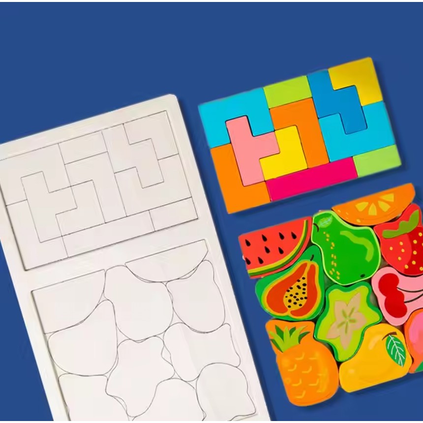 Puzzle Montessori din Lemn pentru Copii, Joc Tip Tetris 2 in 1 cu Fructe 3D, Educativ si Interactiv, Lemn Ecologic, 21 Piese, Varsta 3 Ani+, 28.5x17x1.2 cm, Multicolor