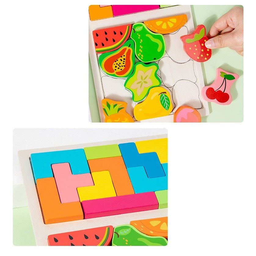 Puzzle Montessori din Lemn pentru Copii, Joc Tip Tetris 2 in 1 cu Fructe 3D, Educativ si Interactiv, Lemn Ecologic, 21 Piese, Varsta 3 Ani+, 28.5x17x1.2 cm, Multicolor