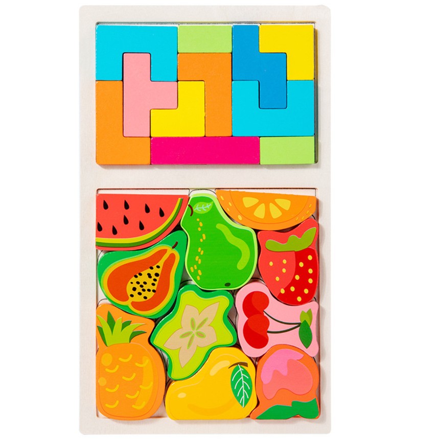 Puzzle Montessori din Lemn pentru Copii, Joc Tip Tetris 2 in 1 cu Fructe 3D, Educativ si Interactiv, Lemn Ecologic, 21 Piese, Varsta 3 Ani+, 28.5x17x1.2 cm, Multicolor