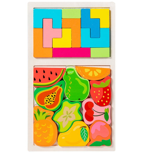 Puzzle Montessori din Lemn pentru Copii, Joc Tip Tetris 2 in 1 cu Fructe 3D, Educativ si Interactiv, Lemn Ecologic, 21 Piese, Varsta 3 Ani+, 28.5x17x1.2 cm, Multicolor