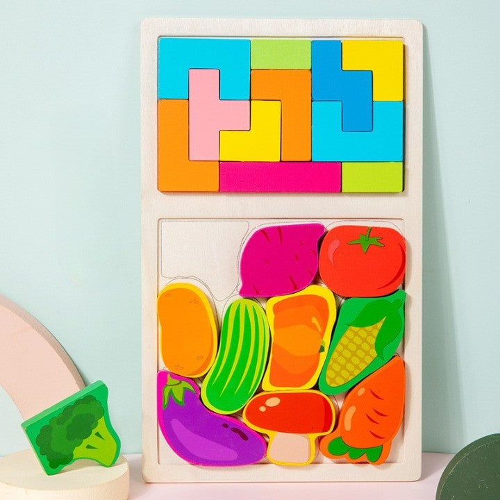 Puzzle Montessori din Lemn pentru Copii, Joc Educativ Tip Tetris 2in1 cu Legume 3D, Dezvoltare Abilitati Cognitive, 21 Piese, 28.5x17x1.2 cm, Multicolor