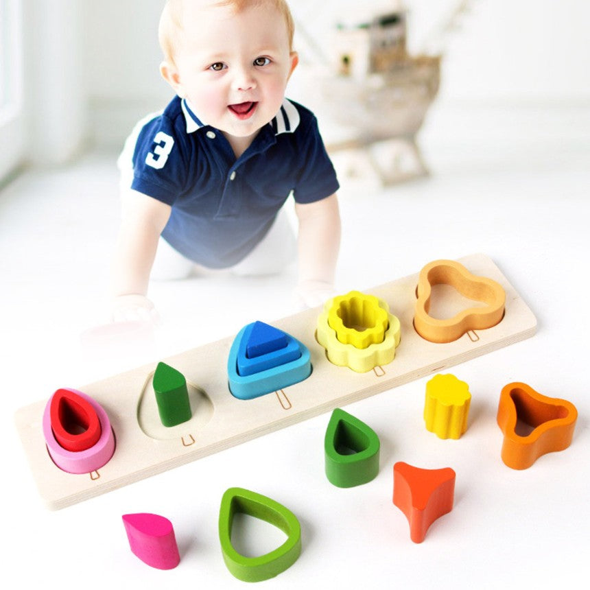 Jucarie Montessori din Lemn, Puzzle Educativ cu 5 Forme Asimetrice, Model Copaci pentru Motricitate Fina, 15 Piese, Multicolor, 29x6.5 cm, +2 Ani