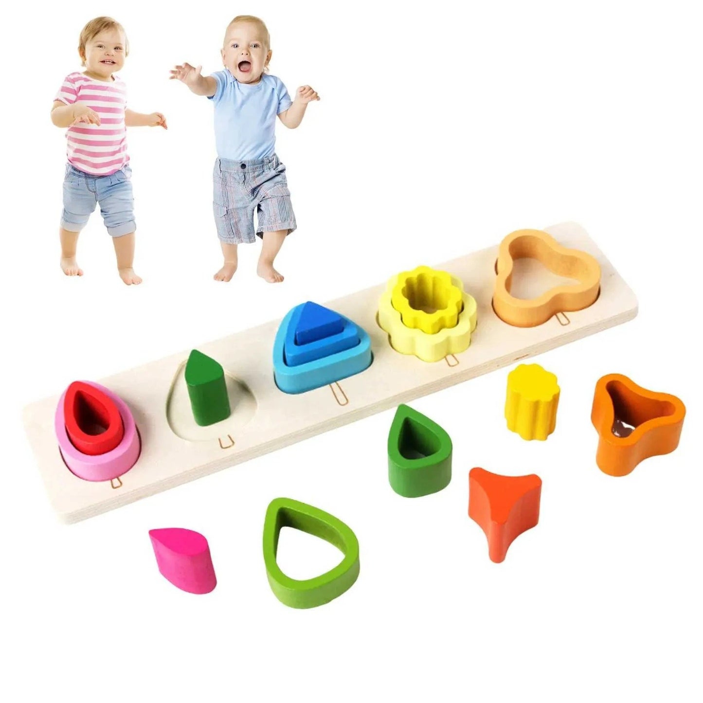 Jucarie Montessori din Lemn, Puzzle Educativ cu 5 Forme Asimetrice, Model Copaci pentru Motricitate Fina, 15 Piese, Multicolor, 29x6.5 cm, +2 Ani