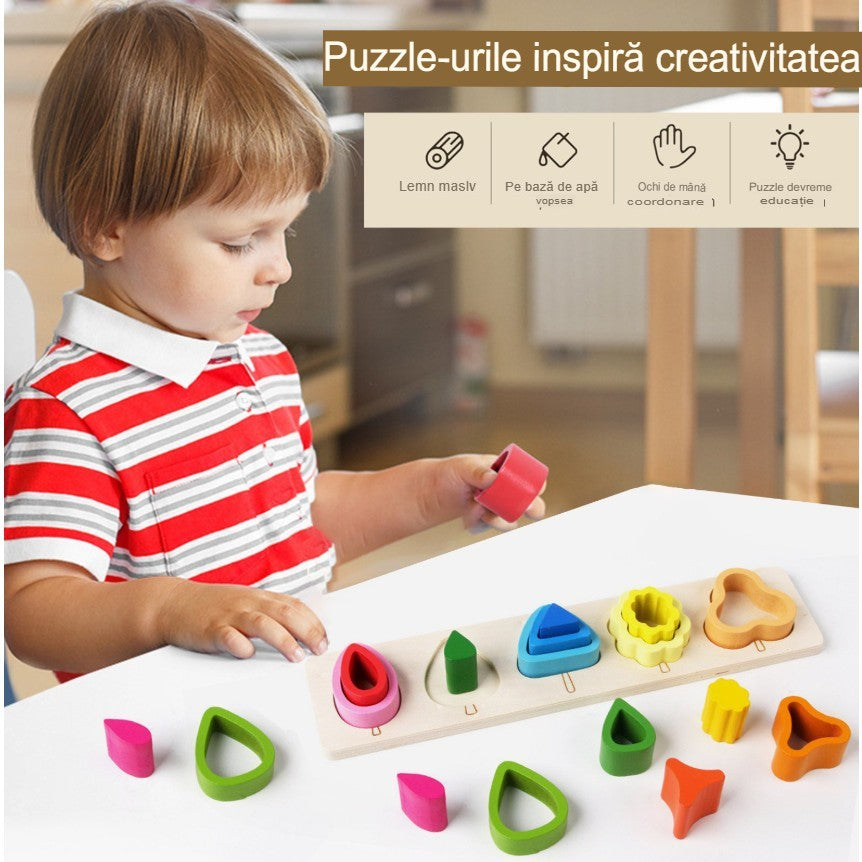Jucarie Montessori din Lemn, Puzzle Educativ cu 5 Forme Asimetrice, Model Copaci pentru Motricitate Fina, 15 Piese, Multicolor, 29x6.5 cm, +2 Ani