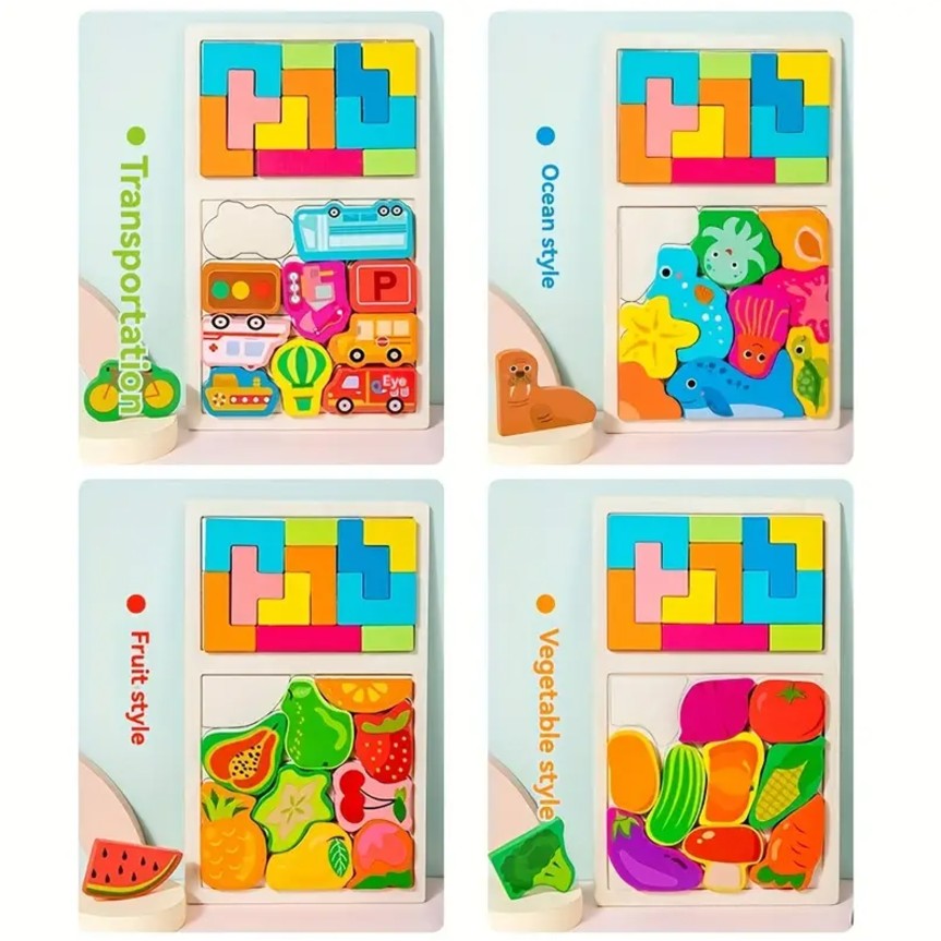 Puzzle Montessori din Lemn pentru Copii, Joc Educativ Tip Tetris 2in1 cu Masini 3D, Lemn Ecologic, 21 Piese, 28.5x17x1.2 cm, Multicolor, +3 Ani