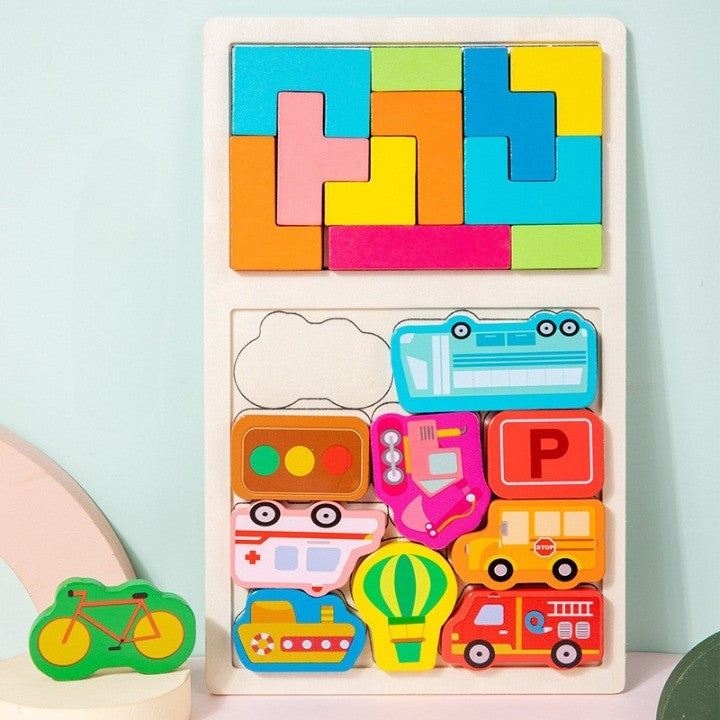 Puzzle Montessori din Lemn pentru Copii, Joc Educativ Tip Tetris 2in1 cu Masini 3D, Lemn Ecologic, 21 Piese, 28.5x17x1.2 cm, Multicolor, +3 Ani