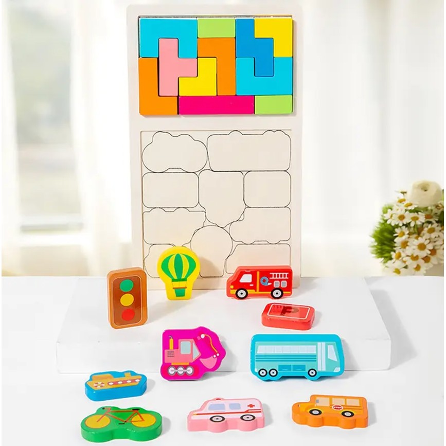 Puzzle Montessori din Lemn pentru Copii, Joc Educativ Tip Tetris 2in1 cu Masini 3D, Lemn Ecologic, 21 Piese, 28.5x17x1.2 cm, Multicolor, +3 Ani