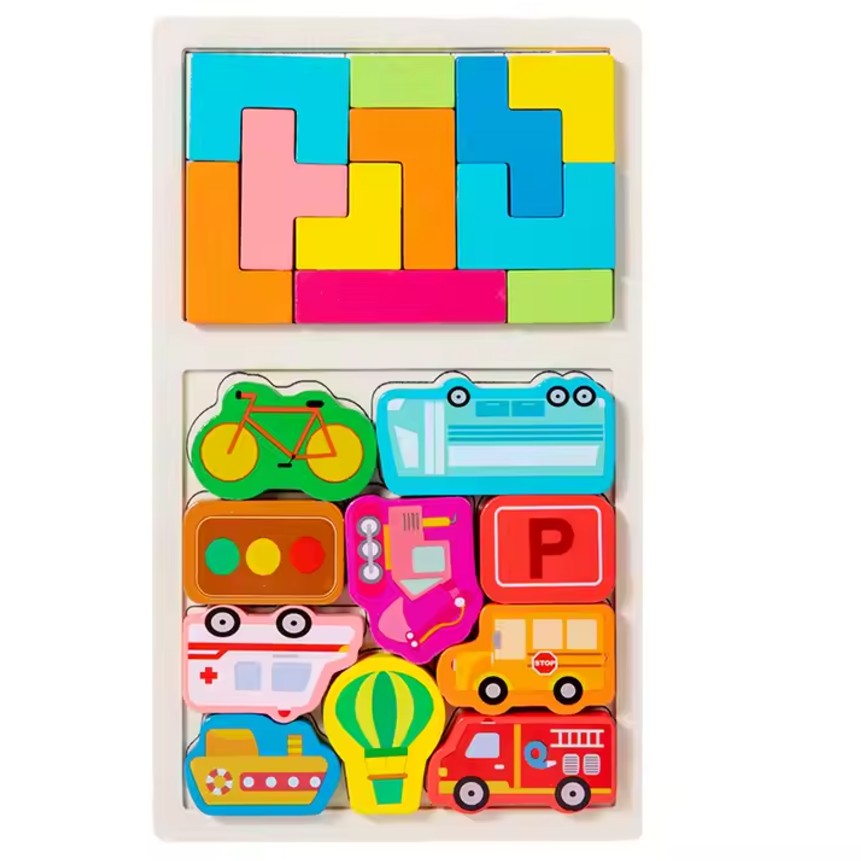 Puzzle Montessori din Lemn pentru Copii, Joc Educativ Tip Tetris 2in1 cu Masini 3D, Lemn Ecologic, 21 Piese, 28.5x17x1.2 cm, Multicolor, +3 Ani