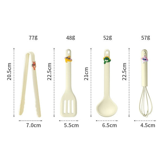 Set 4 Ustensile de Bucatarie pentru Copii, Termorezistente cu Design Animat, Silicon Alimentar Antibacterian, 13 x 24 x 5 cm, Bej