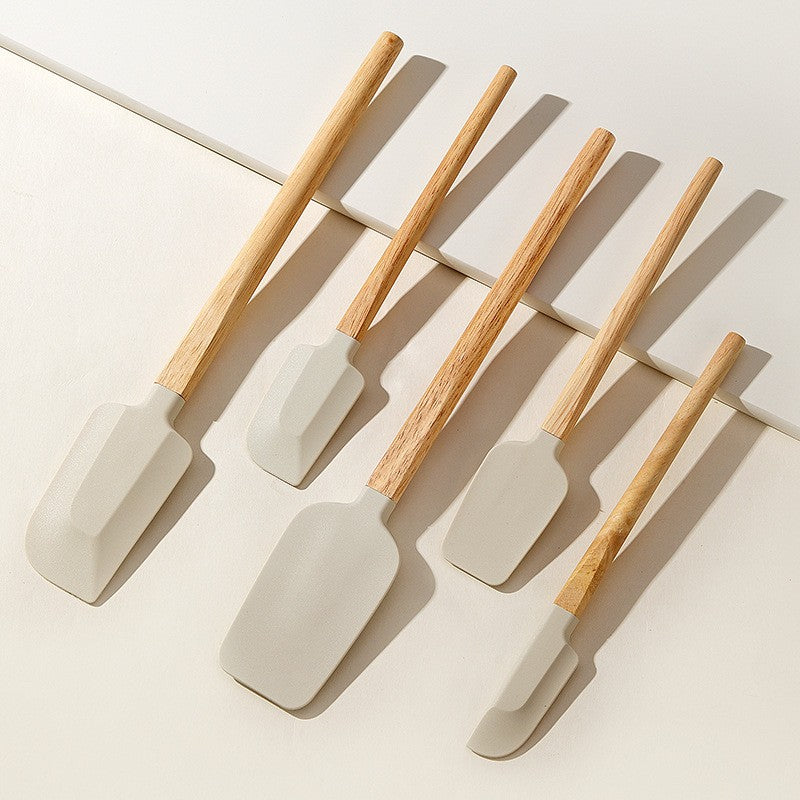 Set 5 Ustensile de Bucatarie, Spatule din Silicon Termorezistent si Maner de Lemn, Suprafata Antiaderenta, Bej-Maro