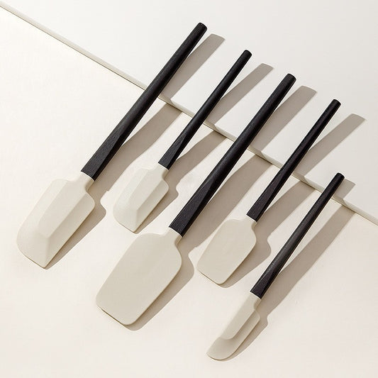 Set 5 Ustensile de Bucatarie, Spatule din Silicon Termorezistent si Lemn, Suprafata Antiaderenta, Diferite Dimensiuni, Alb-Negru