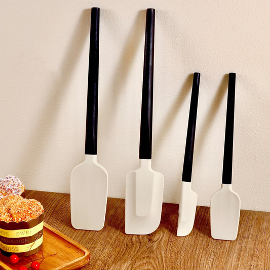 Set 4 Ustensile Bucatarie, Spatule pentru Gatit si Amestecat, Silicon si Lemn, Termorezistente si Antiaderente, Alb-Negru