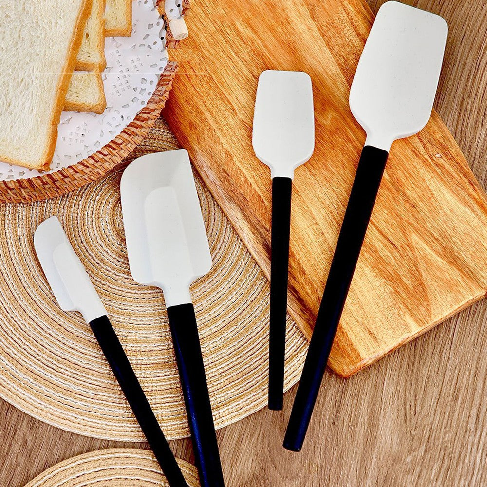 Set 4 Ustensile Bucatarie, Spatule pentru Gatit si Amestecat, Silicon si Lemn, Termorezistente si Antiaderente, Alb-Negru