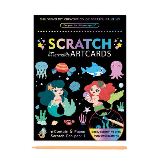 Set Planse Razuibile Scratch ArtCards, Activitate Creativa 2 in 1 de Razuire si Colorat, Carton si Hartie, Model Sirene, 9 Bucati, 19 x 14 cm, Multicolor