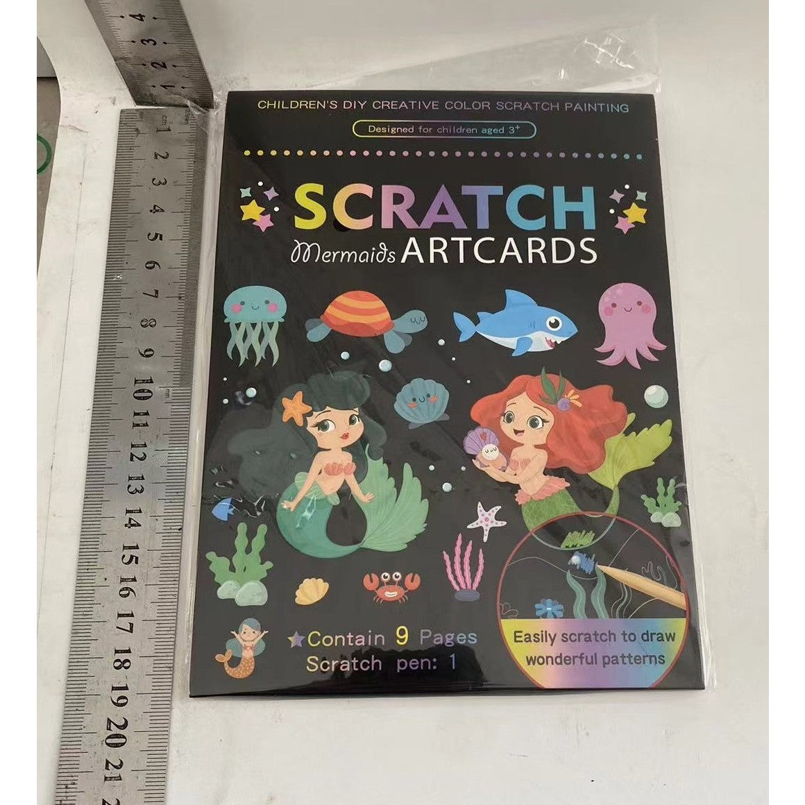 Set Planse Razuibile Scratch ArtCards, Activitate Creativa 2 in 1 de Razuire si Colorat, Carton si Hartie, Model Sirene, 9 Bucati, 19 x 14 cm, Multicolor