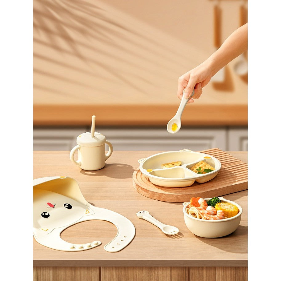 Set Diversificare Bebelusi si Copii, Farfurie si Bol cu Ventuza Antiderapanta, Silicon Alimentar Fara BPA, Model Pisicuta, 4 Piese, +12 Luni, Bej