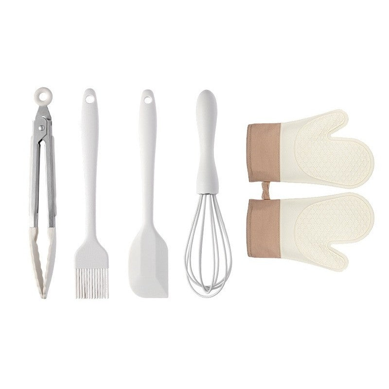 Set Ustensile de Bucătărie, Termorezistente și Antiaderente, Silicon Alimentar și Inox, 5 Piese, Alb Ivory Maro
