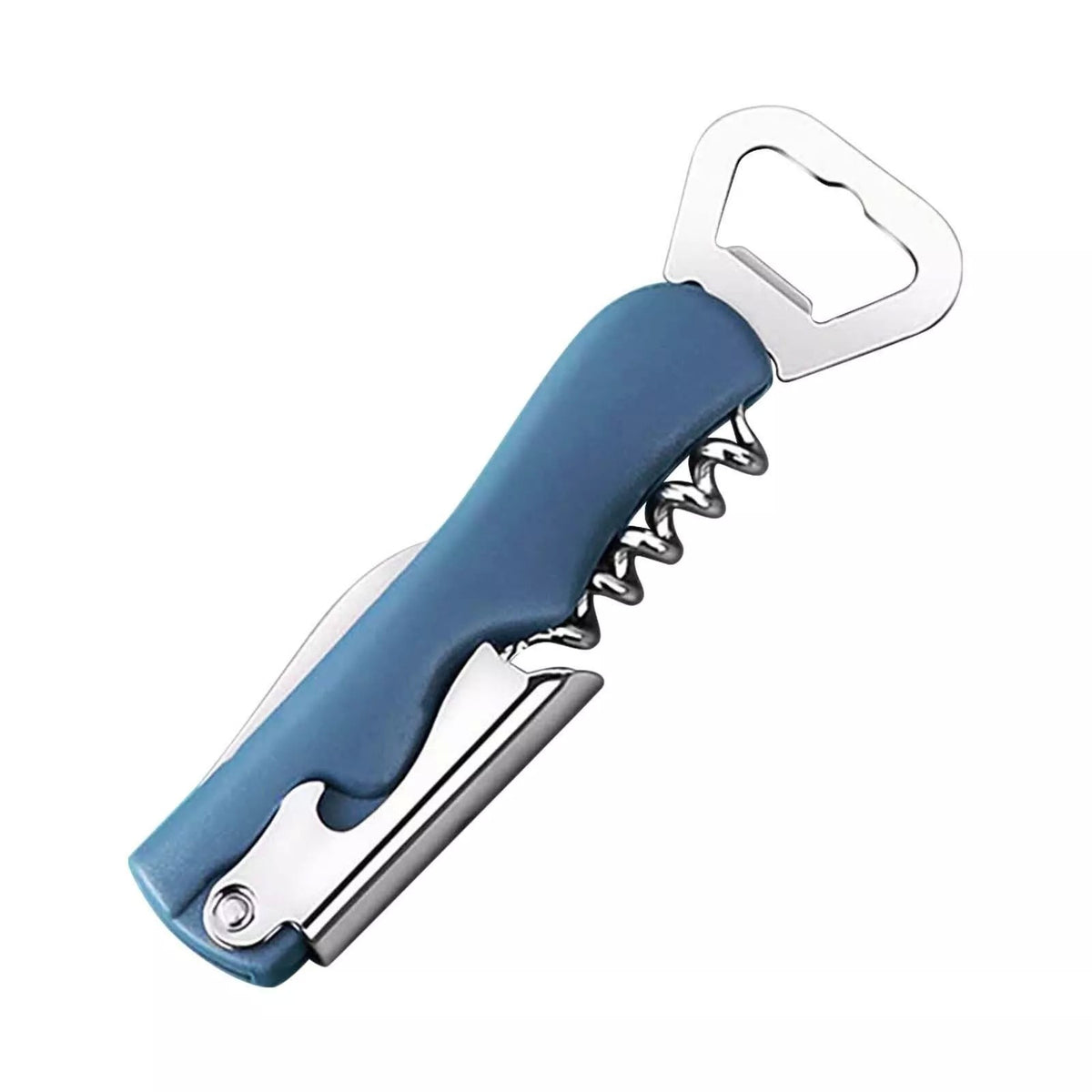 Tirbuson de Sticle 4 in 1, Desfacator Multifunctional pentru Vin si Capace, Otel Inoxidabil, Maner Anti-Alunecare, 13.5 x 4 cm, Albastru