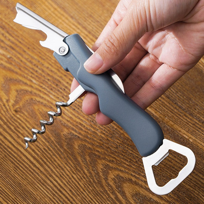 Tirbuson de Sticle 4 in 1, Desfacator Multifunctional pentru Vin si Capace, Otel Inoxidabil, Maner Anti-Alunecare, 13.5 x 4 cm, Albastru