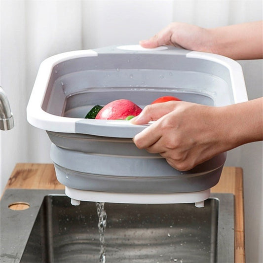 Tocator Multifunctional 2 in 1 cu Cos de Spalare si Scurgere, Design Pliabil pentru Economisire Spatiu, Material Plastic PP Antibacterian, 40 x 30 cm, 480 g, Gri