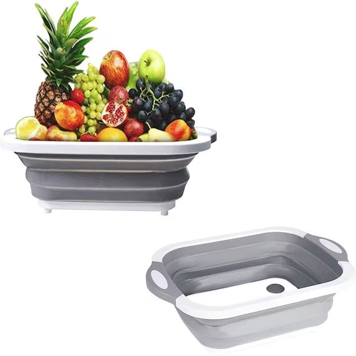 Tocator Multifunctional 2 in 1 cu Cos de Spalare si Scurgere, Design Pliabil pentru Economisire Spatiu, Material Plastic PP Antibacterian, 40 x 30 cm, 480 g, Gri